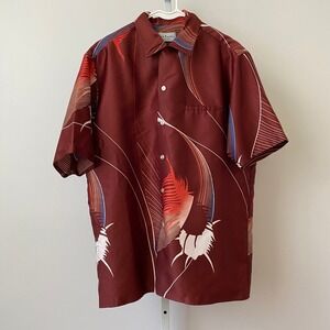 Mark Raysten Silk Tropical Beachy Abstract Feather Print Shirt L Red Burgundy